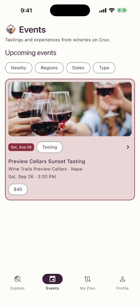 Cruv Events screen with filters and an upcoming tasting card.