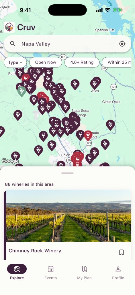 Cruv Explore map with winery pins and a listing card.
