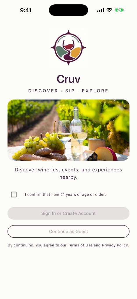 Cruv welcome screen with the app mark, age confirmation, and continue as guest.