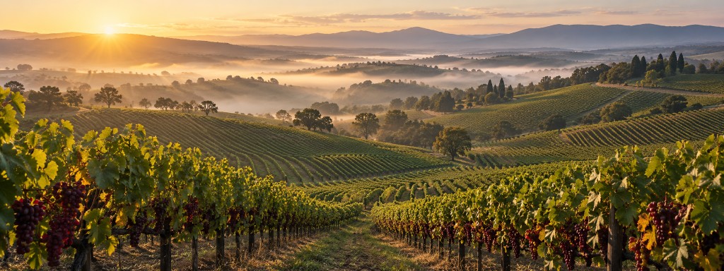 Sunrise over vineyard rows.