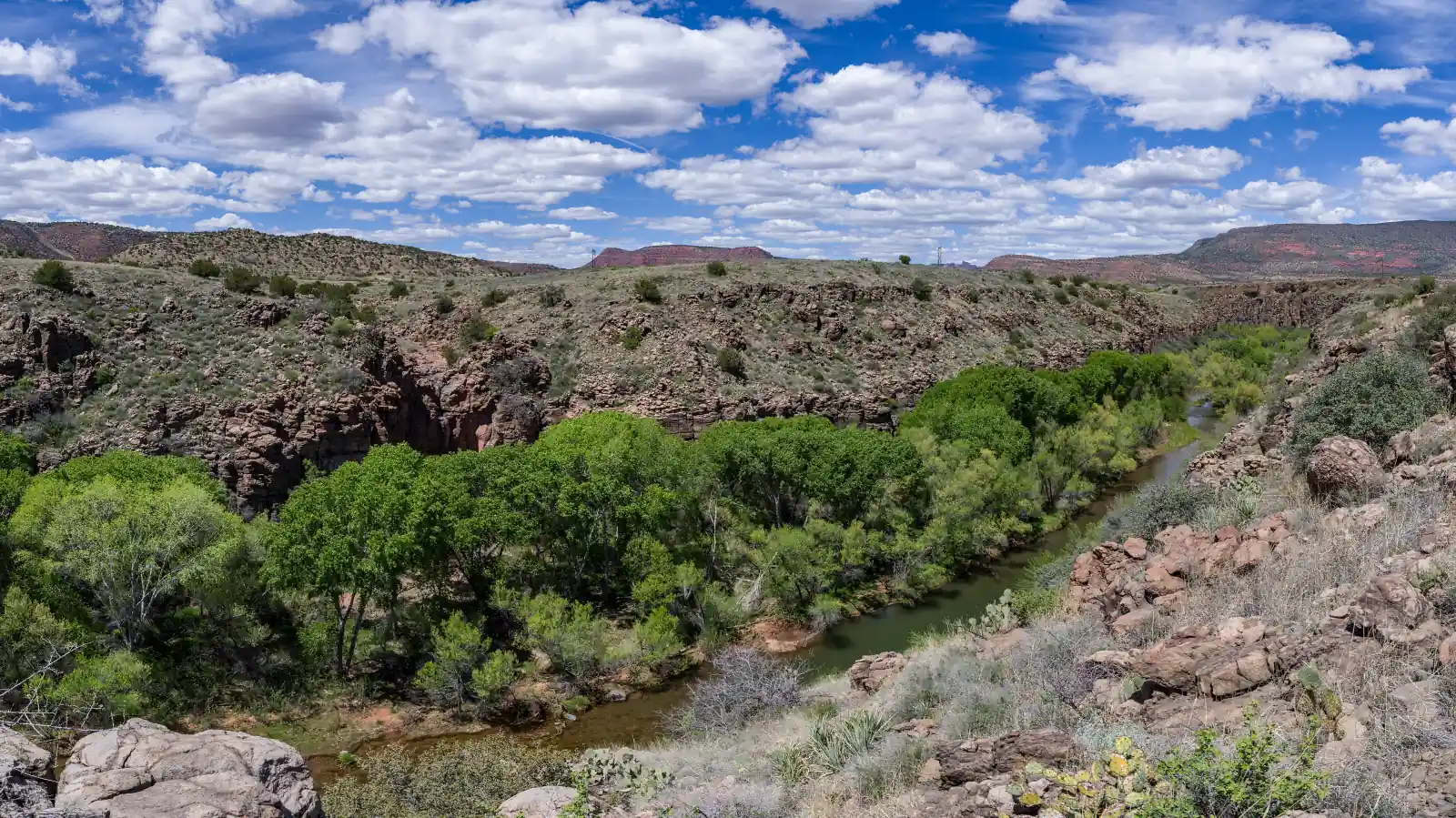 The Verde River winding through green cottonwoods below red-rock mesas under a blue sky with scattered clouds in the Verde Valley near Clarkdale, Arizona.