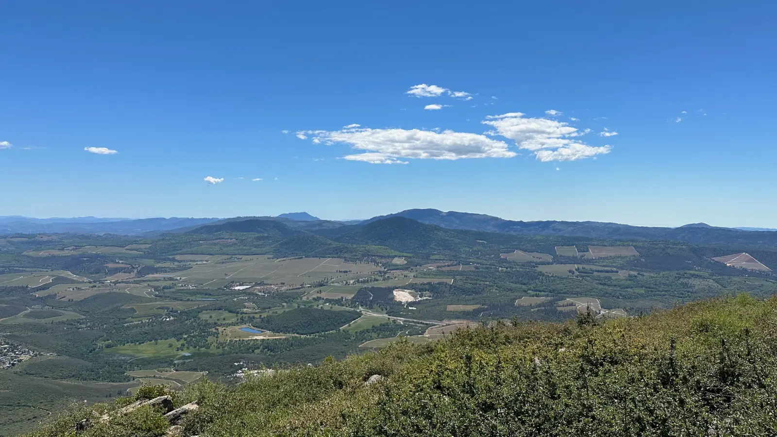 Wide view over the Red Hills vineyards and farmland of Lake County, California, from the slopes of Mount Konocti.