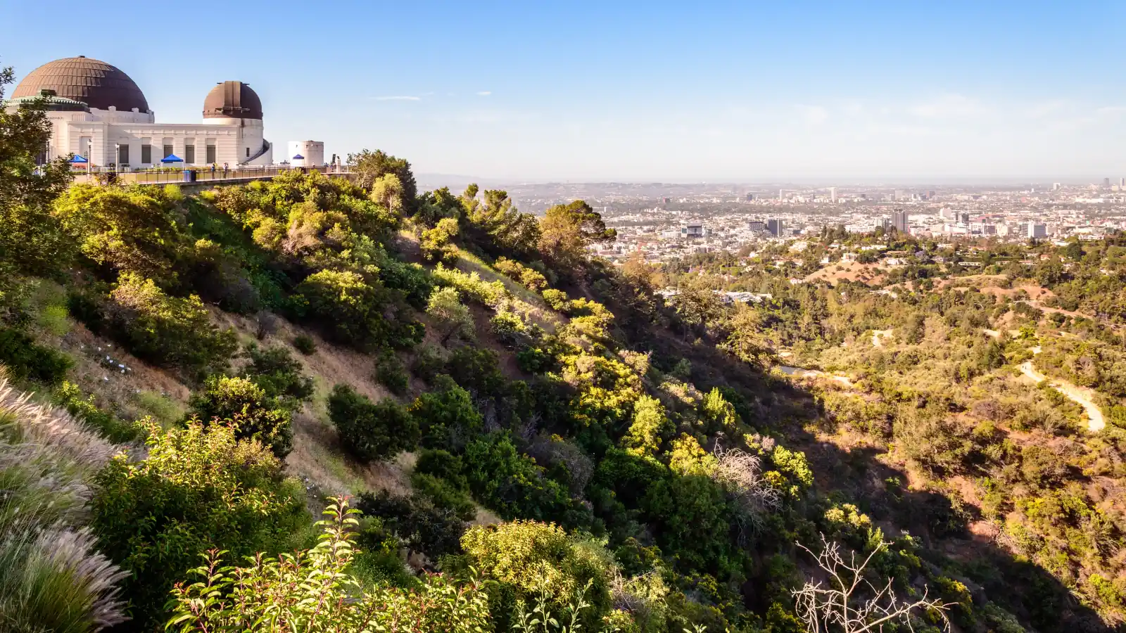 The domes of Griffith Observatory on a brush-covered hillside, with the hazy Los Angeles skyline in the distance under a clear blue sky.