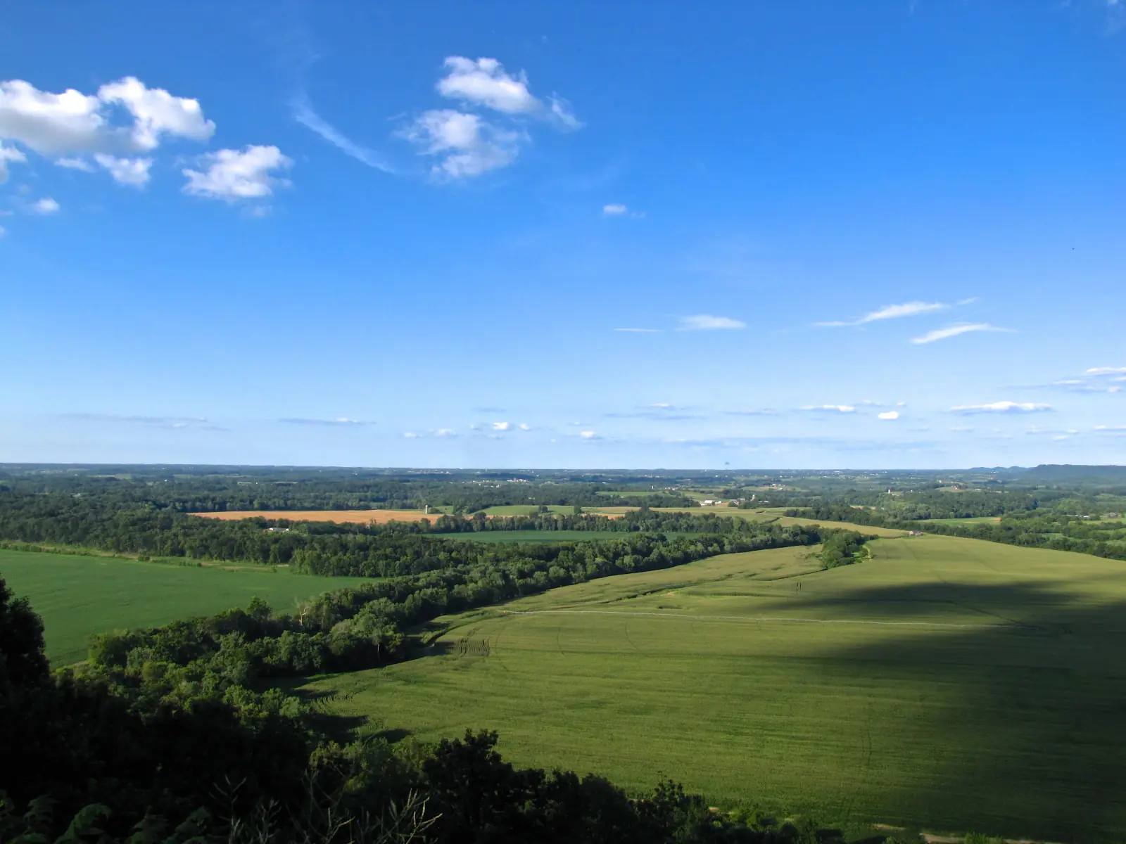 Wide green rolling farmland valley in central Kentucky under a blue sky with scattered clouds, seen from a hilltop overlook.