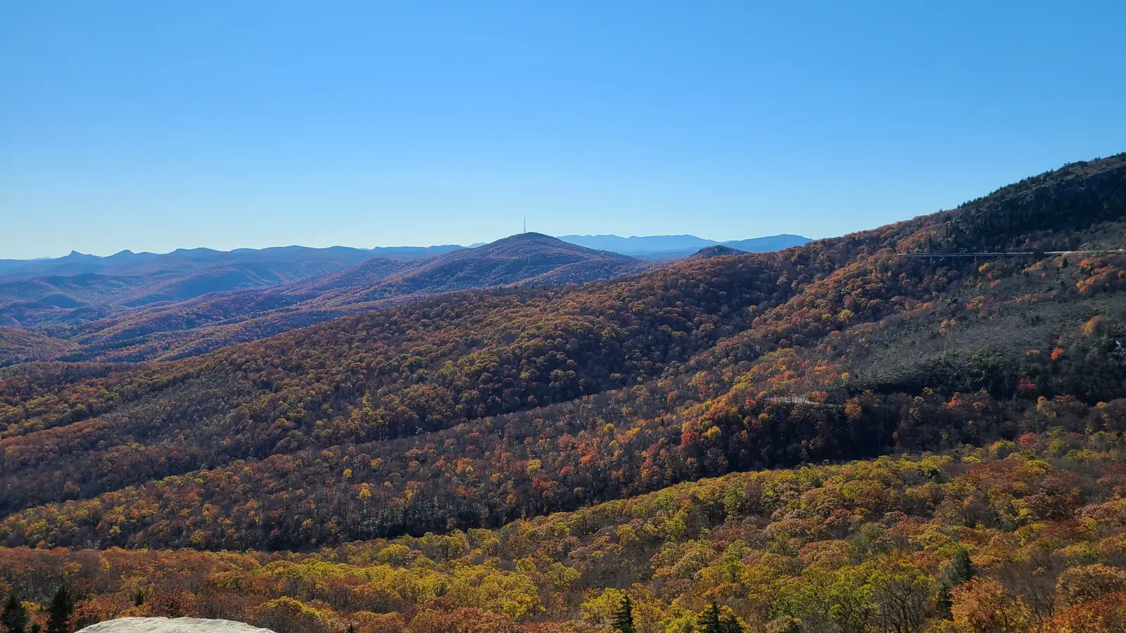 Autumn-colored forested ridges of the Blue Ridge Mountains roll toward distant peaks under a clear blue sky near Rough Ridge in North Carolina.