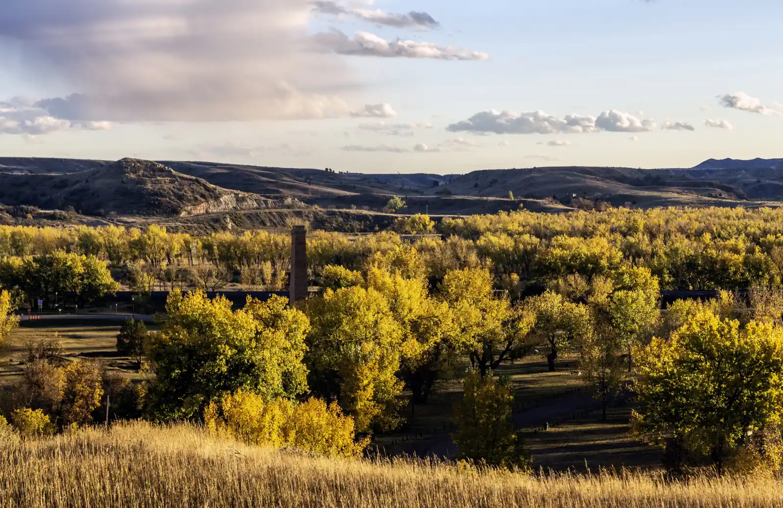 Golden autumn trees fill the Little Missouri River valley below grassy badlands hills near Medora, North Dakota.
