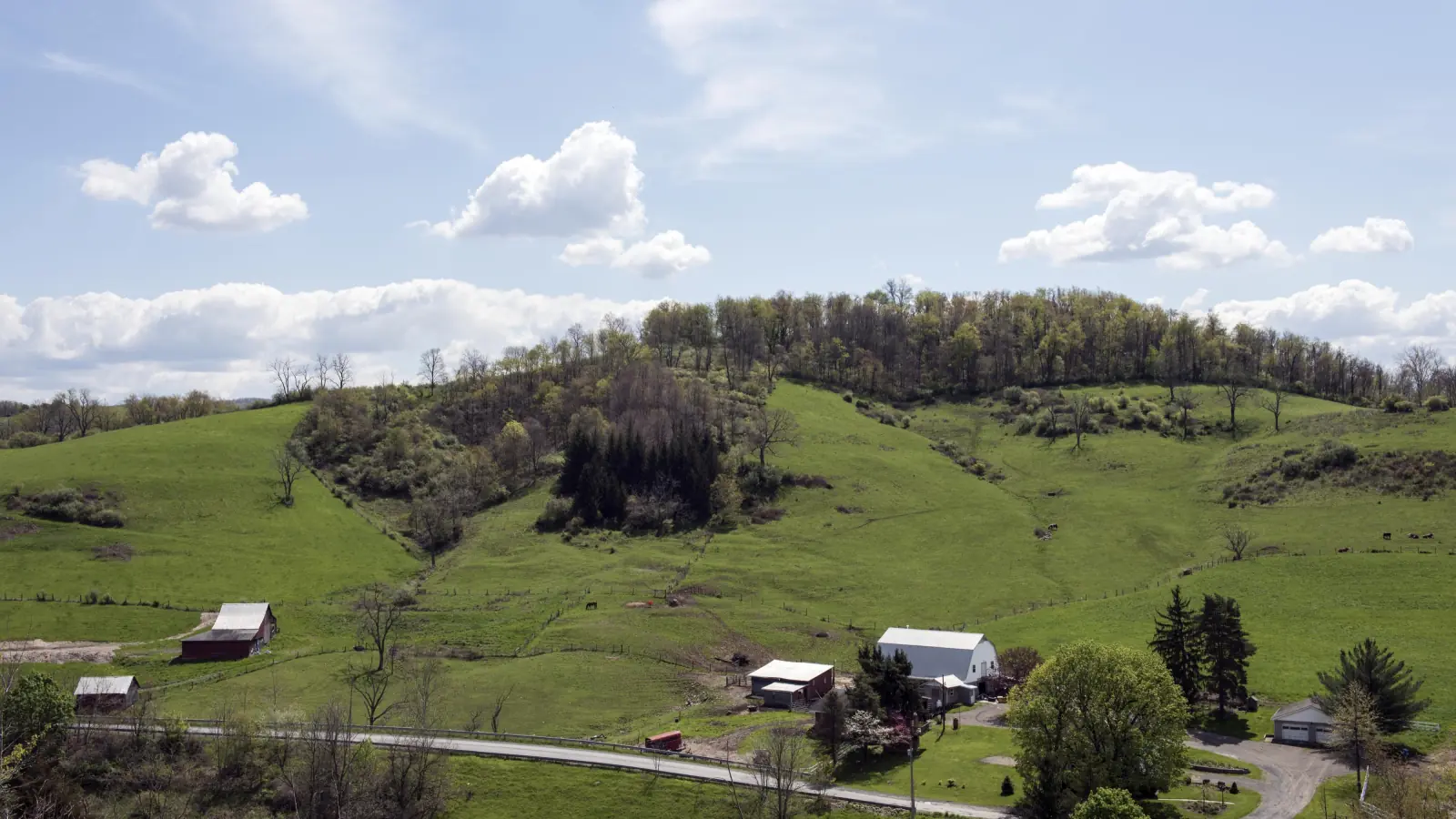 Green rolling pastures with a farmstead and a wooded hilltop under a partly cloudy sky in Monongalia County, West Virginia.