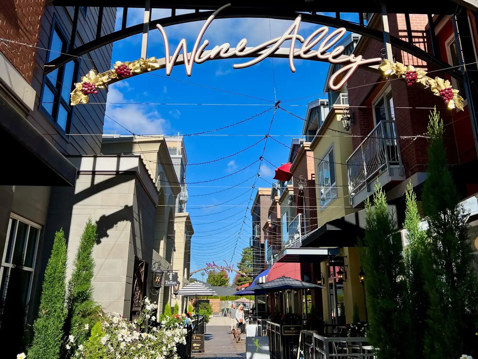 The Wine Alley sign arching over a pedestrian lane of tasting rooms in Woodinville, Washington, under a blue sky.